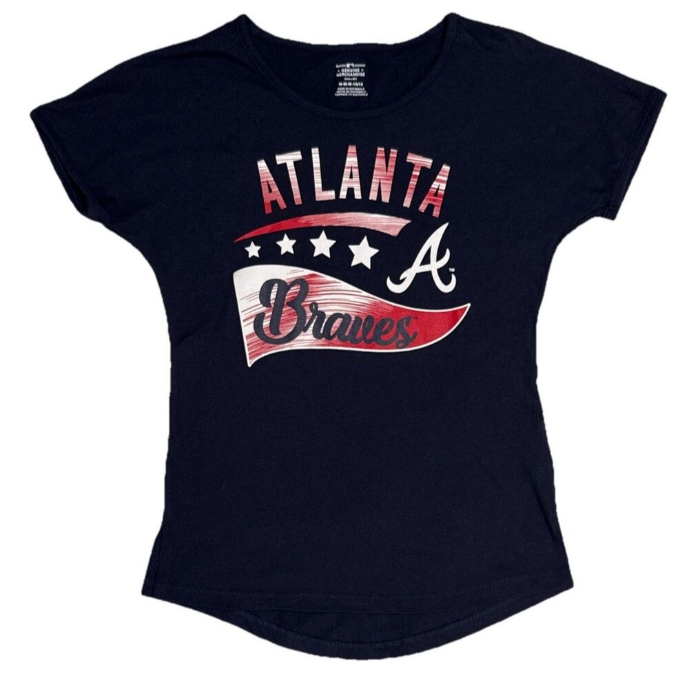 Atlanta Braves Tshirt Girls Medium 10-12 Navy Stars Stripes Baseball Tee MLB NWT